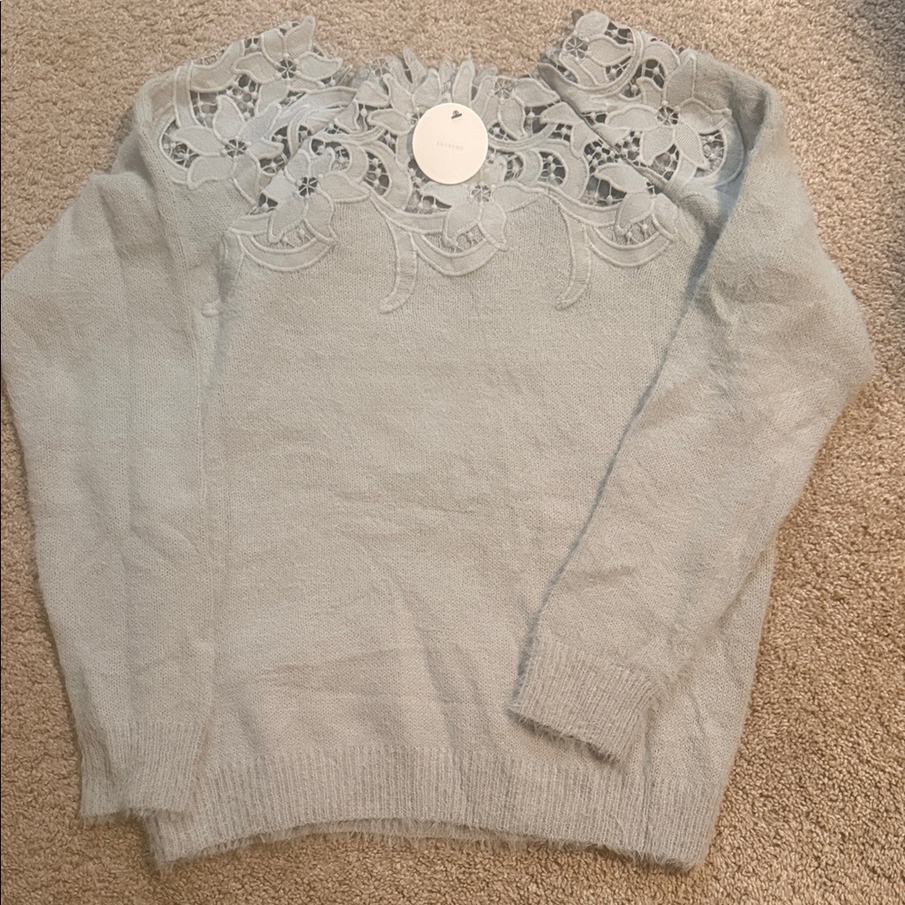 Delicate Lace Accent Sweater - Soft Gray